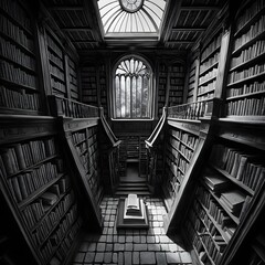 Grandiose Library Interior, Bookshelves and Ancient Architecture