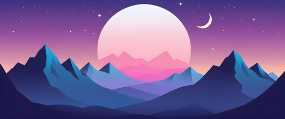 Dreamy Night Landscape with Mountains and Moon
