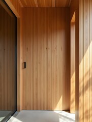 Fototapeta premium Wooden Wall Paneling with Vertical Planks, Modern Interior Design, Warm Lighting, Natural Wood Texture, Sustainable Building Materials, Eco Friendly Home Decor, Indoor Architecture, Rustic Aesthetic,