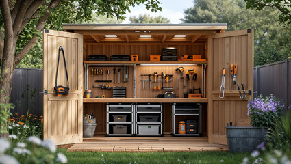 Well organized wooden garden shed with tools and storage solutions