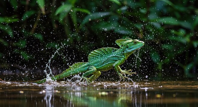 Green Basilisk Lizard Running on Water (Photo)