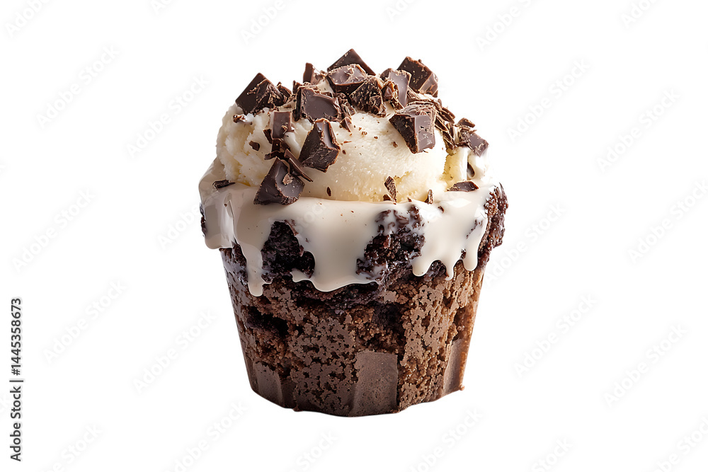 Poster chocolate cupcake topped with vanilla ice cream and chocolate chunks on trasparent background