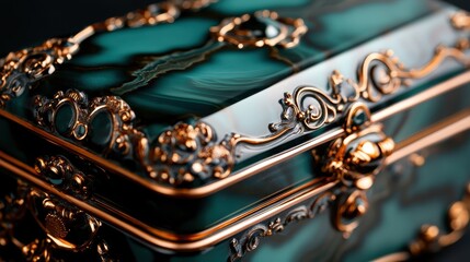 An artistic green agate box placed on a rustic wooden surface showcases its intricate design and colors, blending natural elements with elegance and charm.