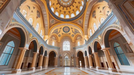 Fototapeta premium A mosque interior with a high ceiling, intricate ceiling domes, and elegant Arabic inscriptions.