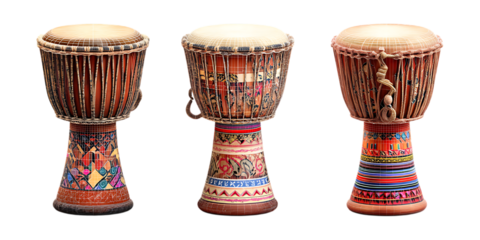 Set of Three Djembe Drum Poses on Transparent Background for Music Education, African Culture Art, or Performance Design
