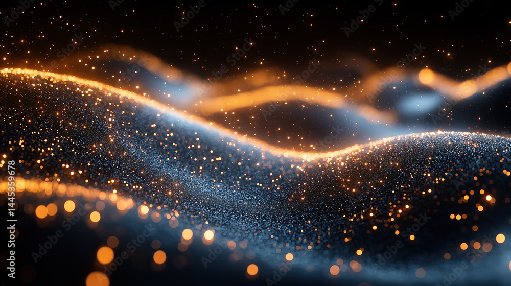 Poster glowing waves of particles create a mesmerizing digital landscape