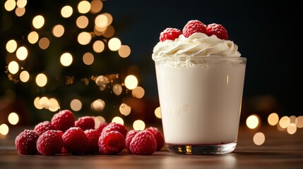 Whimsical white chocolate raspberry milk with whipped cream festive dessert table soft fairy lights dreamy bokeh effect eye-level view