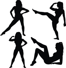 Silhouettes of Female Figures in Dynamic Fitness and Dance Poses – Black and White Vector Graphic with Graceful Movement, Minimalist Art Style, Powerful Feminine Shapes, and Contemporary Design