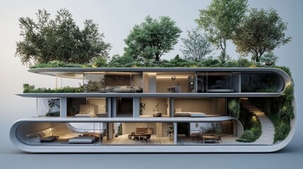 Obraz premium Modern architectural design featuring a multi-level house with greenery and natural elements.