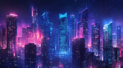 Fototapeta premium metropolis at night, where modern skyscrapers glow in vibrant hues of blue, purple, and red against the dark sky