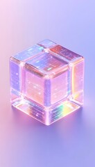 Iridescent glass cube with internal light patterns on pastel background