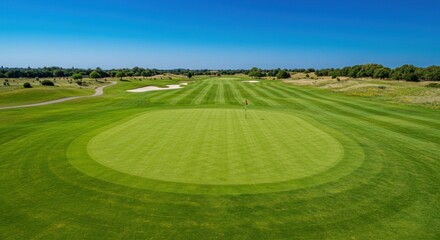Golf Course with Green, Blue Sky. Photo.