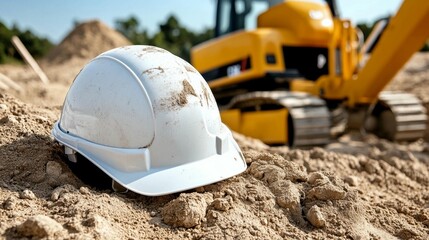 Dirty white hard hat rests on sand pile with excavator in background.