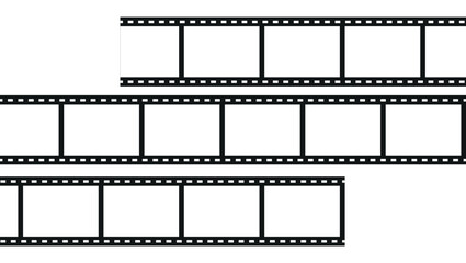Blank black film strip frames in horizontal layout on white background for photo or video design use	