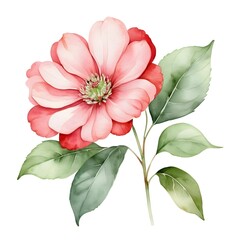 Watercolor Pink Flower with Green Leaves