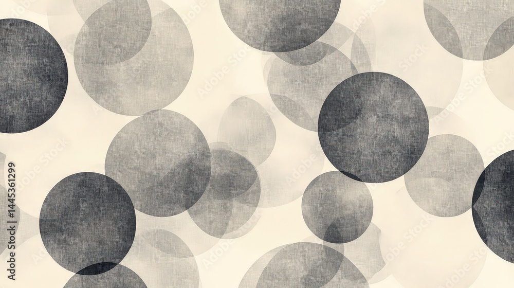Poster minimalist bubble pattern with monochrome transparent circles overlapping on a neutral backdrop.