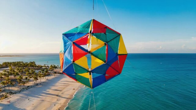 Colorful kite sphere over tropical beach.