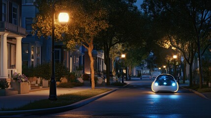 A futuristic autonomous vehicle driving through a quiet, well-lit suburban street at night.
