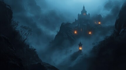 A mysterious dark fantasy background with foggy mountains, eerie glowing lanterns, and a gothic-inspired atmosphere