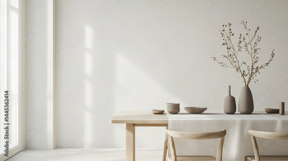 Poster minimalist scandinavian-style table with light wood, clean lines, and a soft linen table runner, cre