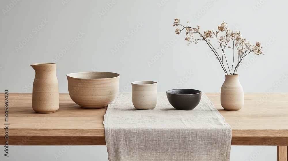 Poster minimalist scandinavian-style table with light wood, clean lines, and a soft linen table runner, cre