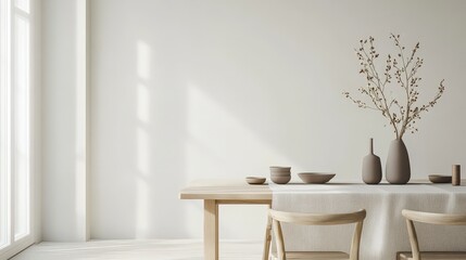minimalist Scandinavian-style table with light wood, clean lines, and a soft linen table runner, creating a calming aesthetic.