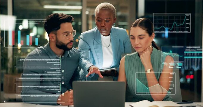 Teamwork, hologram screen and people with graphs, laptop and business discussion with data and growth. Dashboard, stock market and coworkers networking for research, technology and overlay analysis