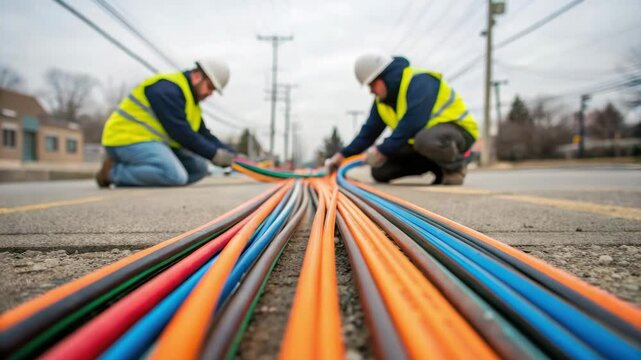 Two workers safety vests install cables street for housing development and construction, ensuring safety and progress urban cable infrastructure.