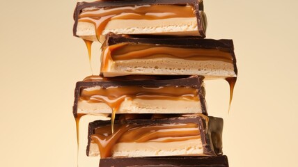 Glossy chocolate bars stacked and dripping golden caramel over warm backdrop