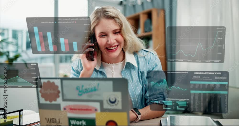 Poster phone call, hologram screen and woman with laptop, graphs and business discussion with data and grow