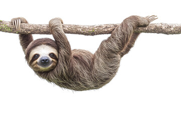 Brown-throated sloth hanging upside down from tree branch rainforest animal PNG isolated sloth transparent background tropical wildlife mammal claws


