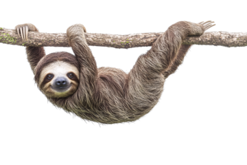 Brown-throated sloth hanging upside down from tree branch rainforest animal PNG isolated sloth transparent background tropical wildlife mammal claws

