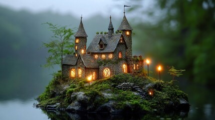 Fototapeta premium Miniature Stone Castle on Mossy Island at Night