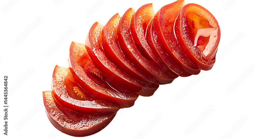 Poster sliced red tomato arranged in a stack against a trasparent background