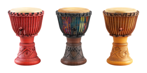 Set of Three Djembe Drum Poses on Transparent Background for Music Education, African Culture Art, or Performance Design