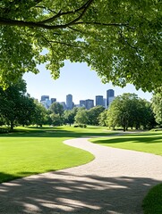 Serene park path winds through lush greenery, city skyline visible in distance