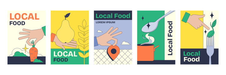 Local food poster with hands, fruit, and utensils, showcasing Neubrutalism style, transparent background.