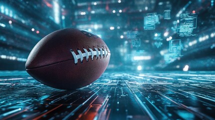 A digital representation of a football on a futuristic, technology-inspired background.