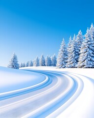 Fototapeta premium Serene winter landscape; snow-covered road curves through pristine, snow-laden evergreens under a brilliant blue sky