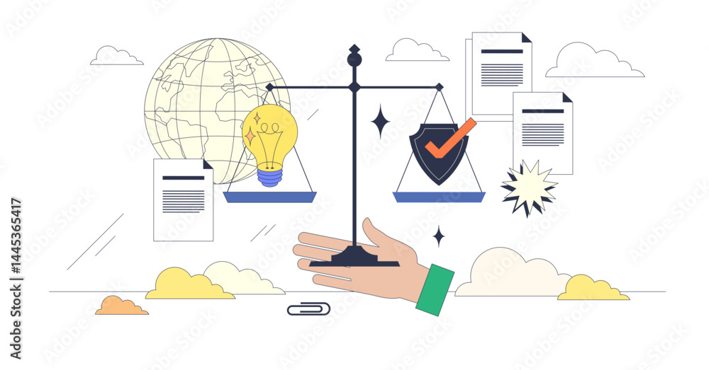Poster responsible ai is shown by a hand balancing a scale with a lightbulb and shield, symbolizing ethics 