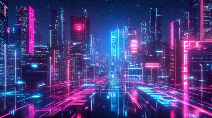 Fototapeta premium A neon cyberpunk vector with glowing cityscapes, vibrant lighting, and digital aesthetics