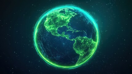 Fototapeta premium Earth icon with glowing green continents and electric blue oceans