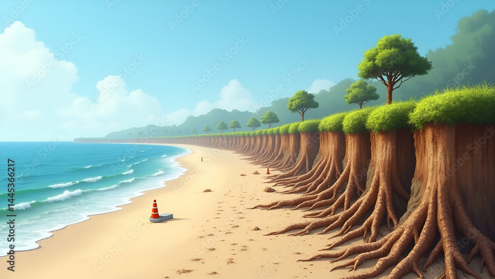 Poster high resolution image of shoreline erosion capturing exposed root systems collapsed retaining wall s