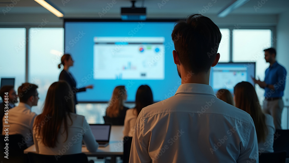 Poster new employees training session: classroom style office with software demonstration on projector - st