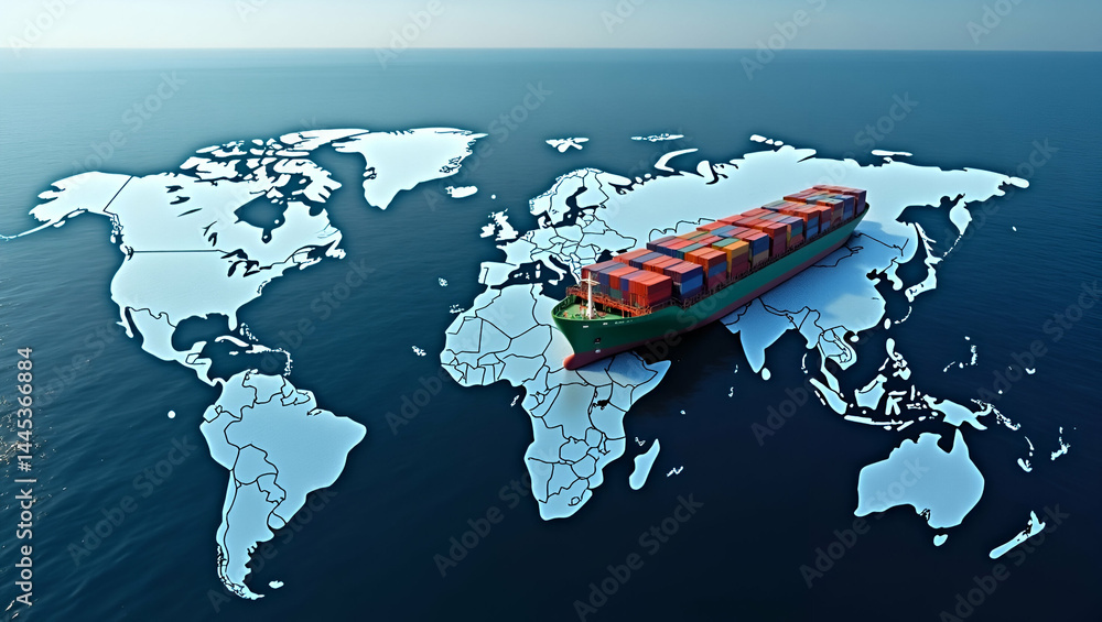 Poster transatlantic commerce: container ship crossing ocean with trade route map connecting europe and nor
