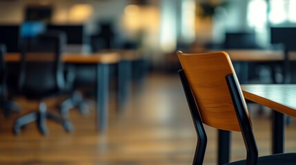 Empty office desk with vacant chairs and monitors, symbolizing layoffs and workplace downsizing. Concept of job loss, corporate restructuring, and economic uncertainty in modern business environment