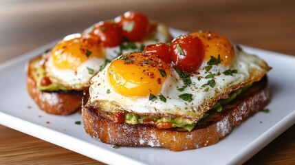 Scrumptious fried eggs paired with vibrant cherry tomatoes on a base of crispy toast showcases a delightful and colorful breakfast that excites the senses.