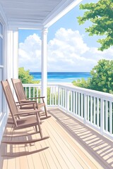 Sunny porch with rocking chairs overlooking a tranquil ocean scene