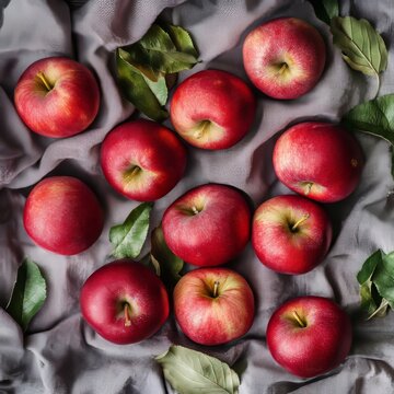 Flat lay: red apples on fabric.