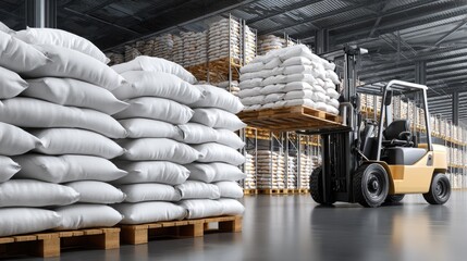 Naklejka premium Forklift operator lifts large white flour bags off crates in a bustling warehouse environment filled with activity